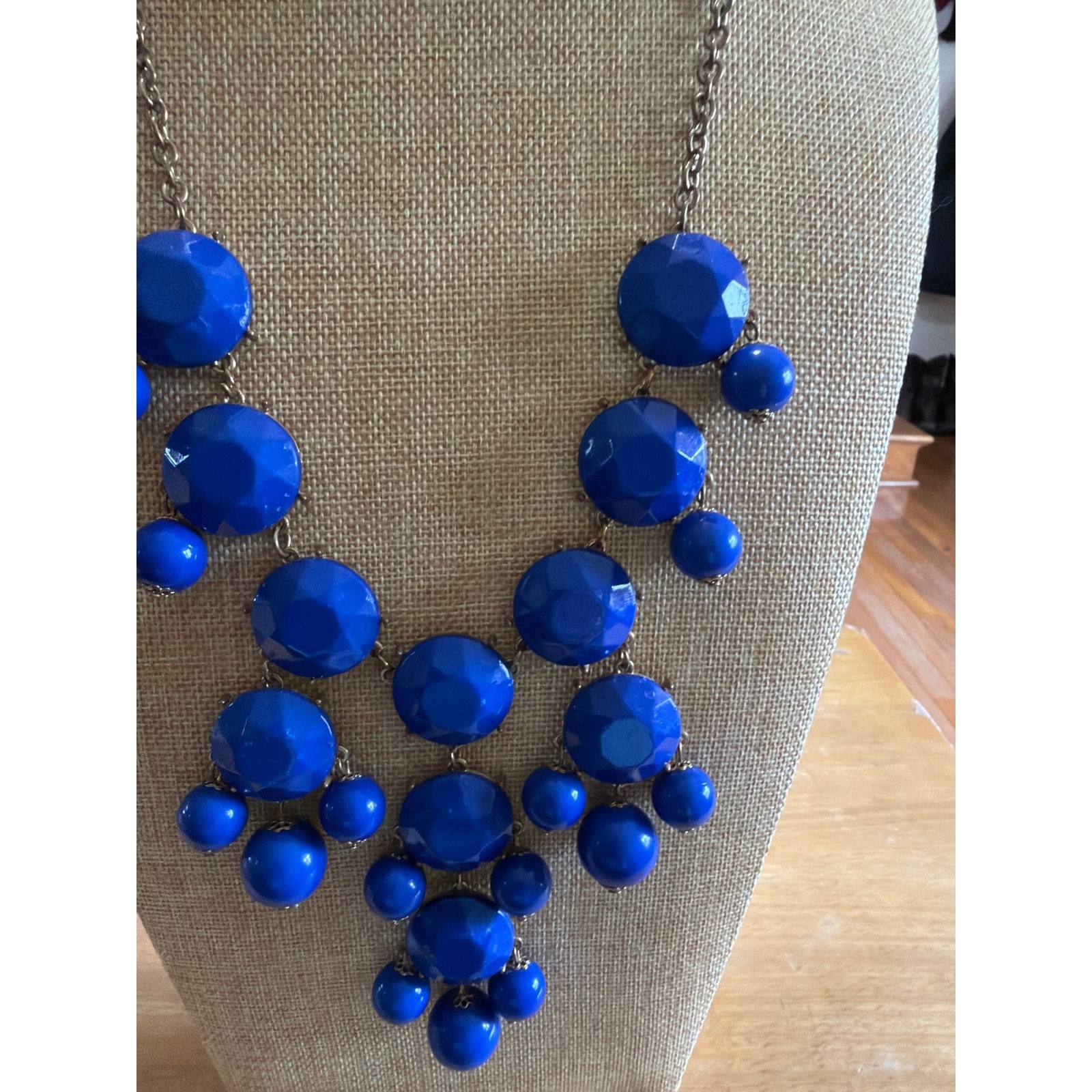 Cobalt Blue Statement Bib Necklace Chunky Faceted Bead Cluster Brass Tone Boho