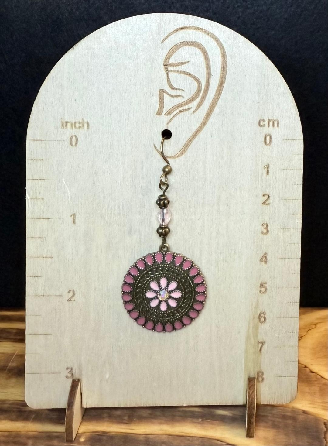NEW Round Bronze Mauve Pink Enamel & Rhinestone Earrings