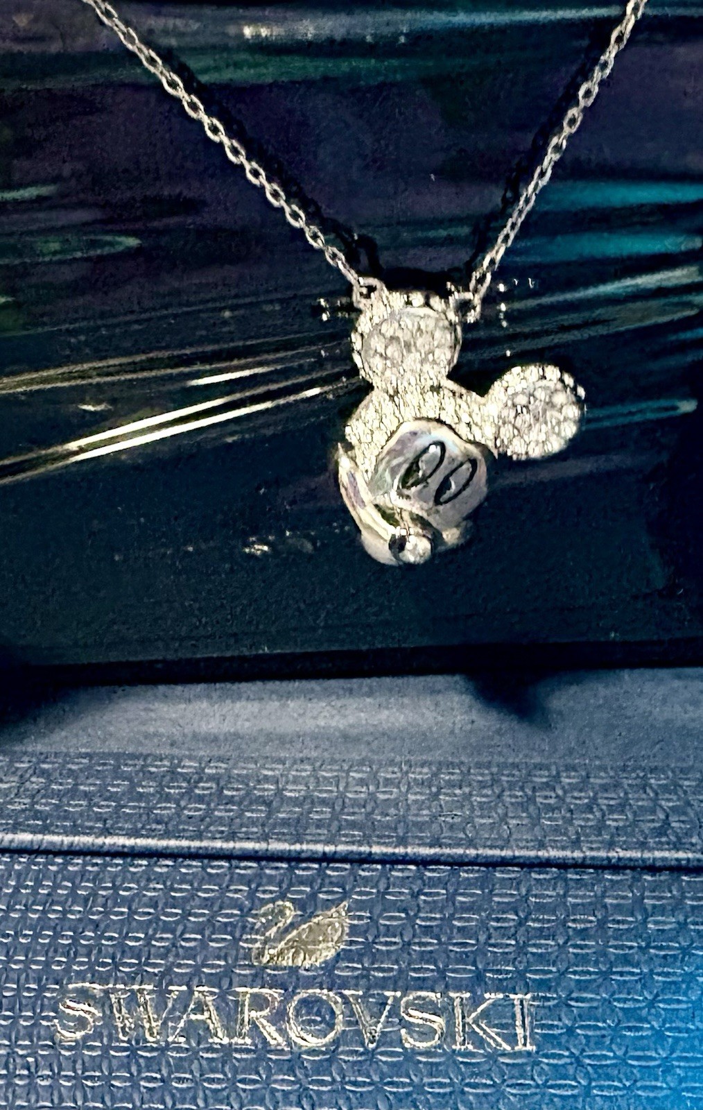 NIB Swarovski Sparkling Crystal Disney Mickey Mouse Head Pendant Rhodium Plated.