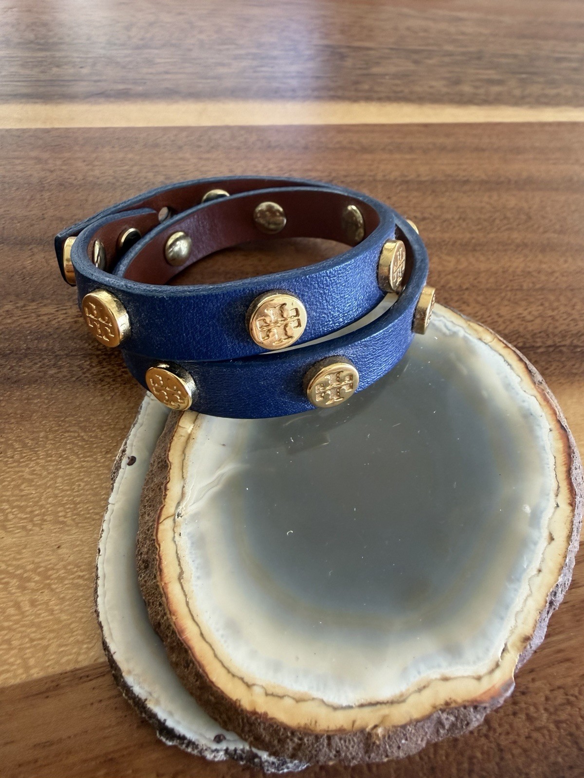 Tory Burch Blue Leather Wrap Bracelet with Gold-Tone Logo Studs