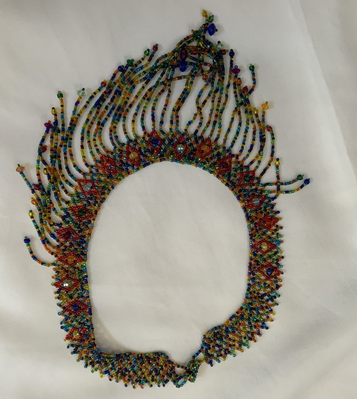 Multicolor Glass Beaded Choker Bib Statement Necklace w/ Fringe Collar