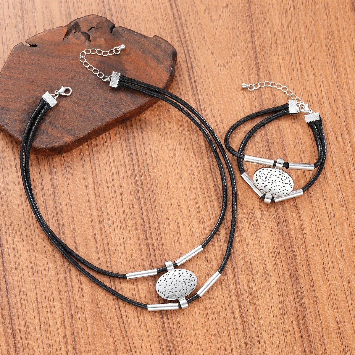 2pc Vintage Oval Necklace Bracelet Set Gold Silver Faux Leather Choker Retro NEW