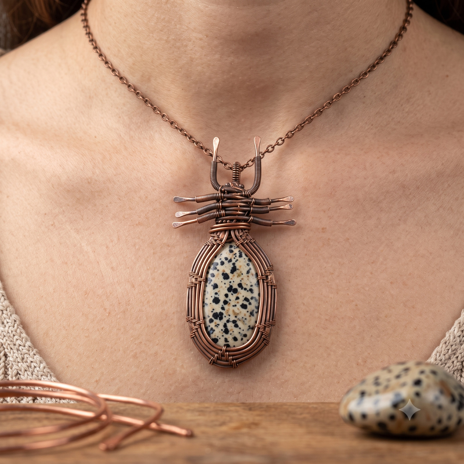Copper OVAL Natural Dalmatian Jasper Channel Set Wire Wrap Wife Pendant Jewelry