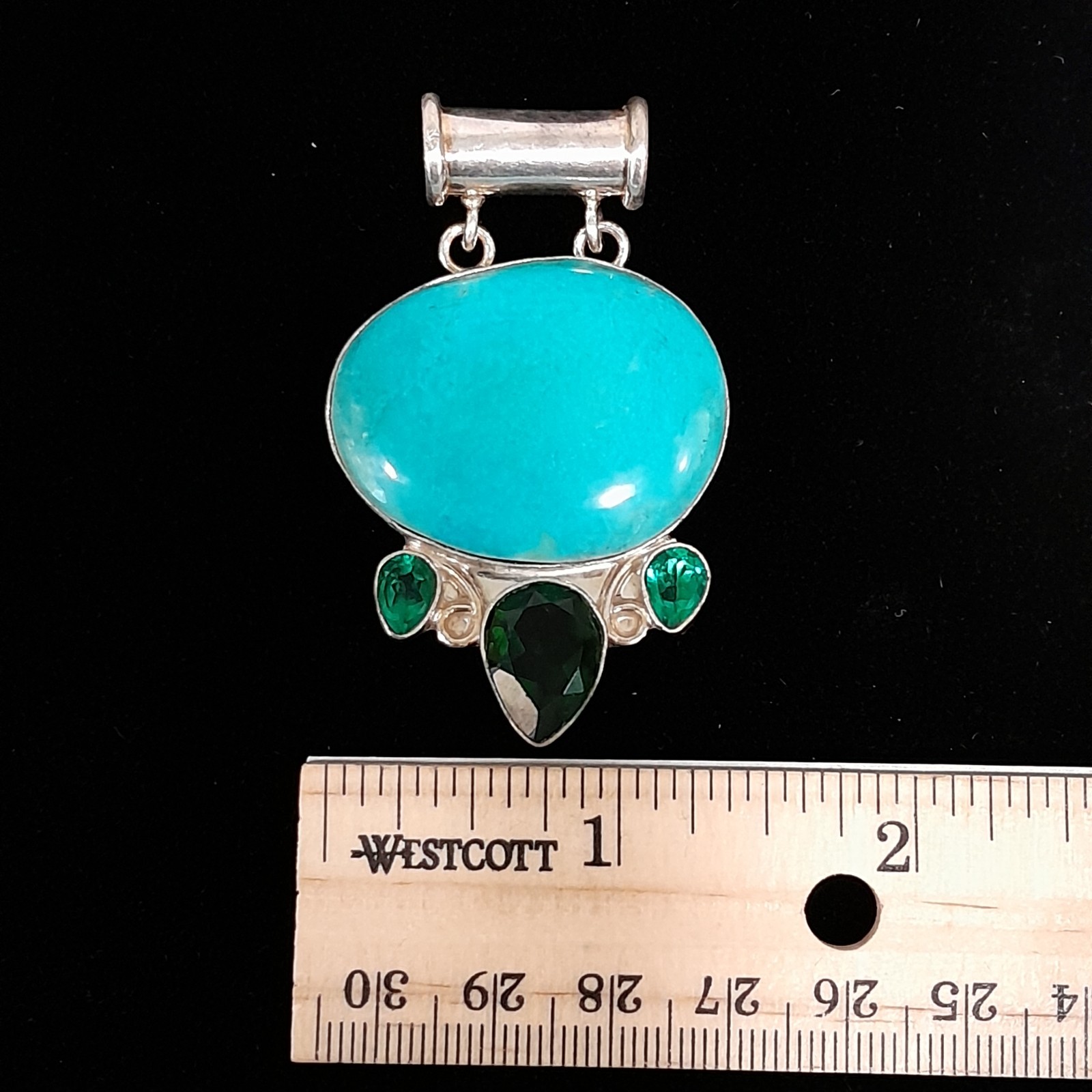 925 Sterling Silver Blue Green Cabochon Pendant Cylindrical Bail 2 inch