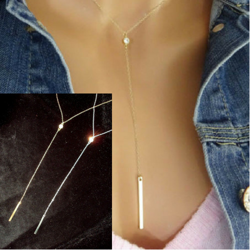 Rhinestone Lariat Necklace Choker Y Bar Drop Dainty Slider Gold Silver Gorgeous