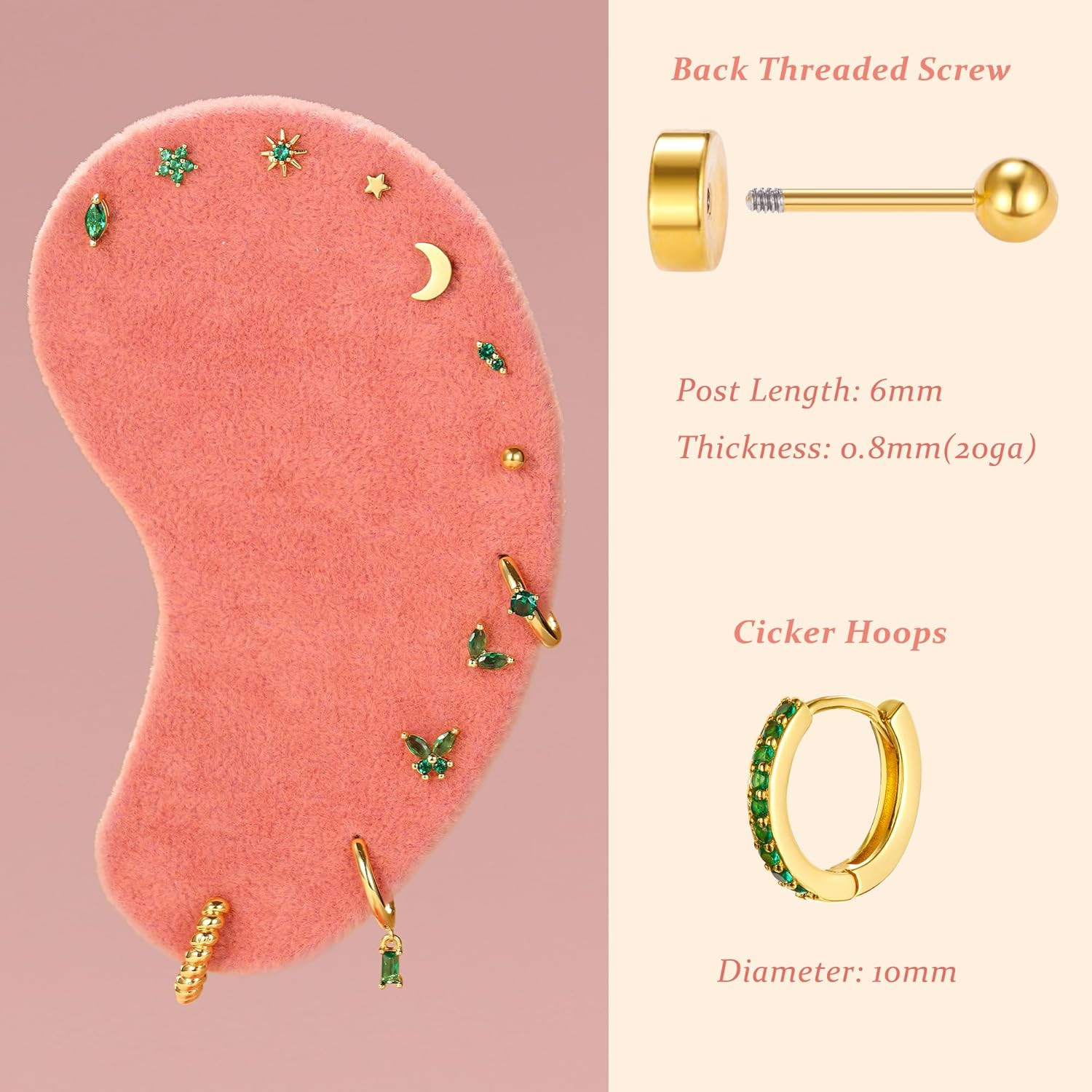 25Pcs/17 Pairs Hypoallergenic Surgical Steel Earrings for Sensitive Ears 14K Gol