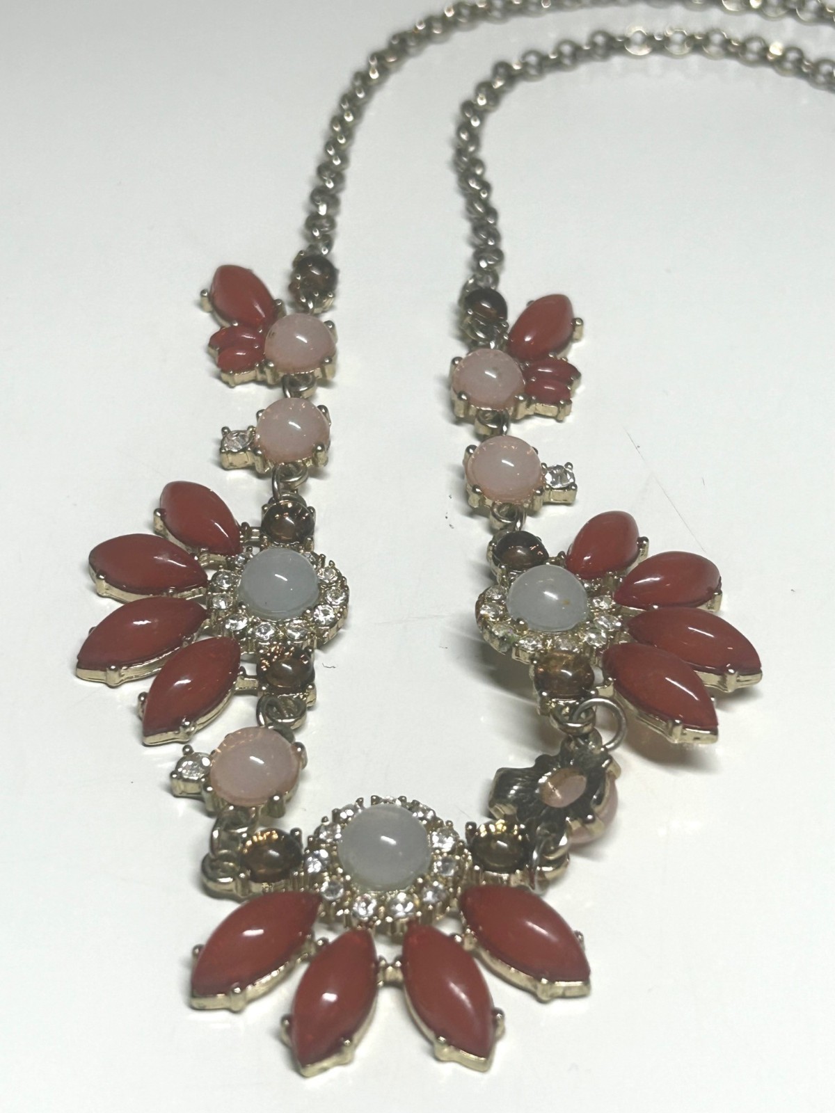 Coral Acrylic Cabochon & Rhinestone Art Deco Statement Necklace