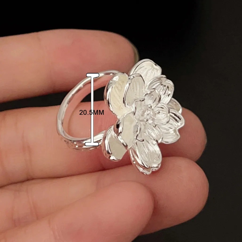 Flower Adjustable Ring Women Silver Zircon Elegant Minimalist Jewelry Gift
