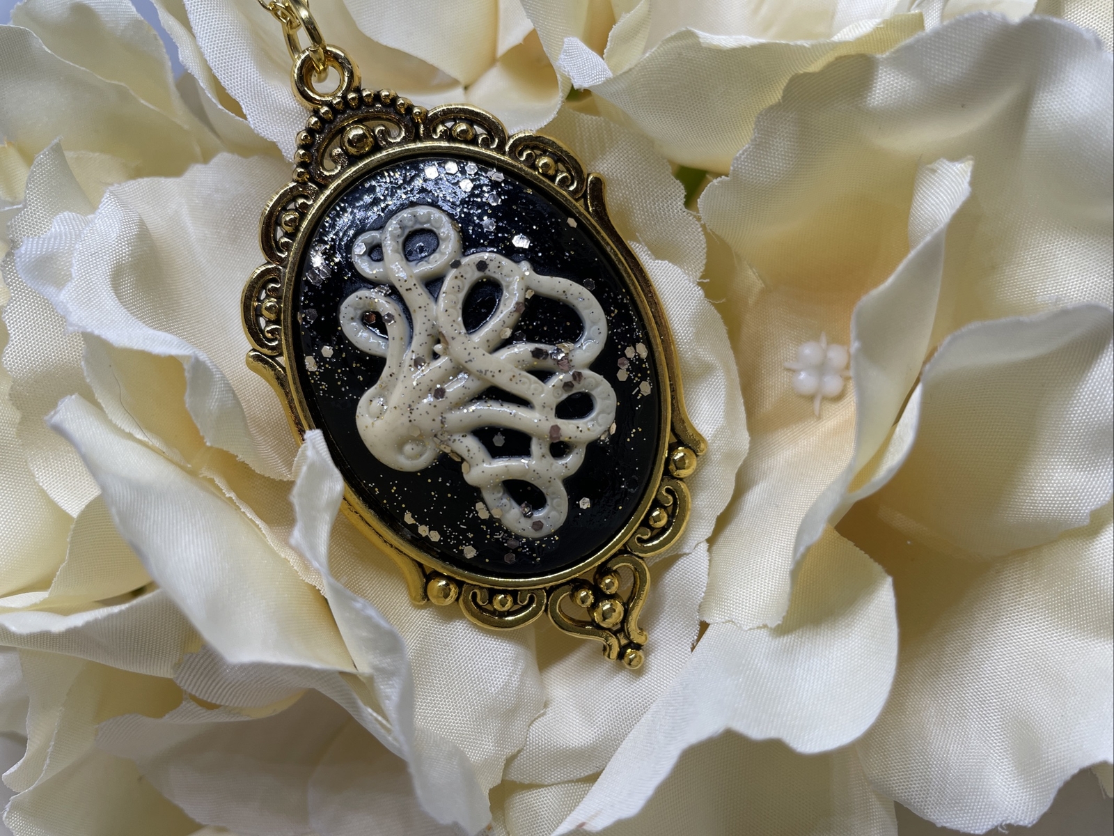 Octopus Ivory Black Cameo Gold Necklace Ocean Nautical Beach Kraken Nautical