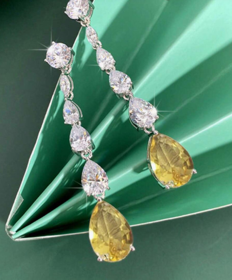 Long Yellow Oblong Rhinestone Earrings Clear Crystal Prom Pageant 2.5 ” Drop