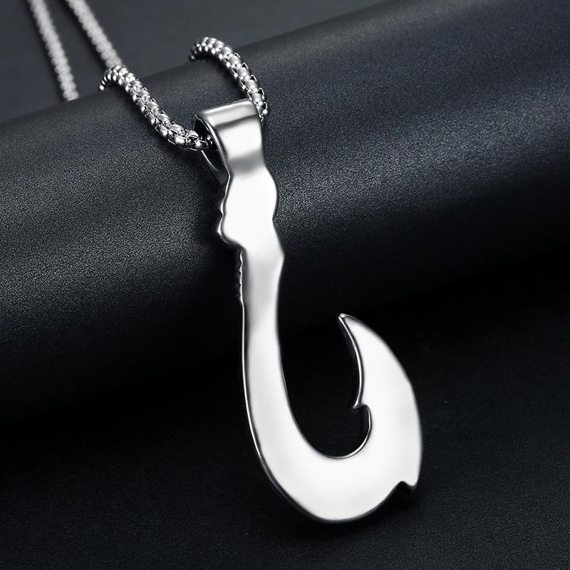 Vintage Black Silver Stainless Fish Hook Pendant BoxChain Unisex Amulet Necklace