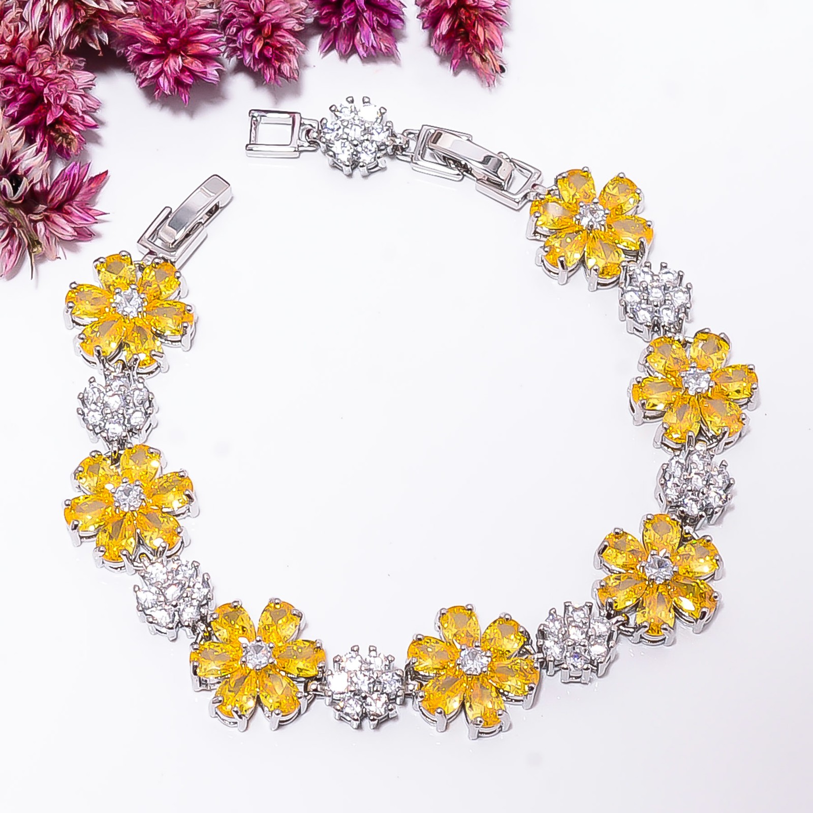 Yellow Sapphire -Simulated, CZ 925 Sterling Silver Bracelet 7-8″ B1122613265