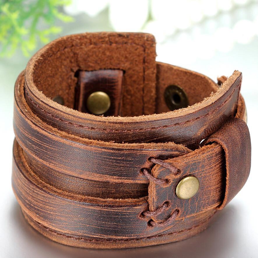 Wide Genuine Leather Bangle Cuff Bracelet Mens Womens Wristand Black / Brown
