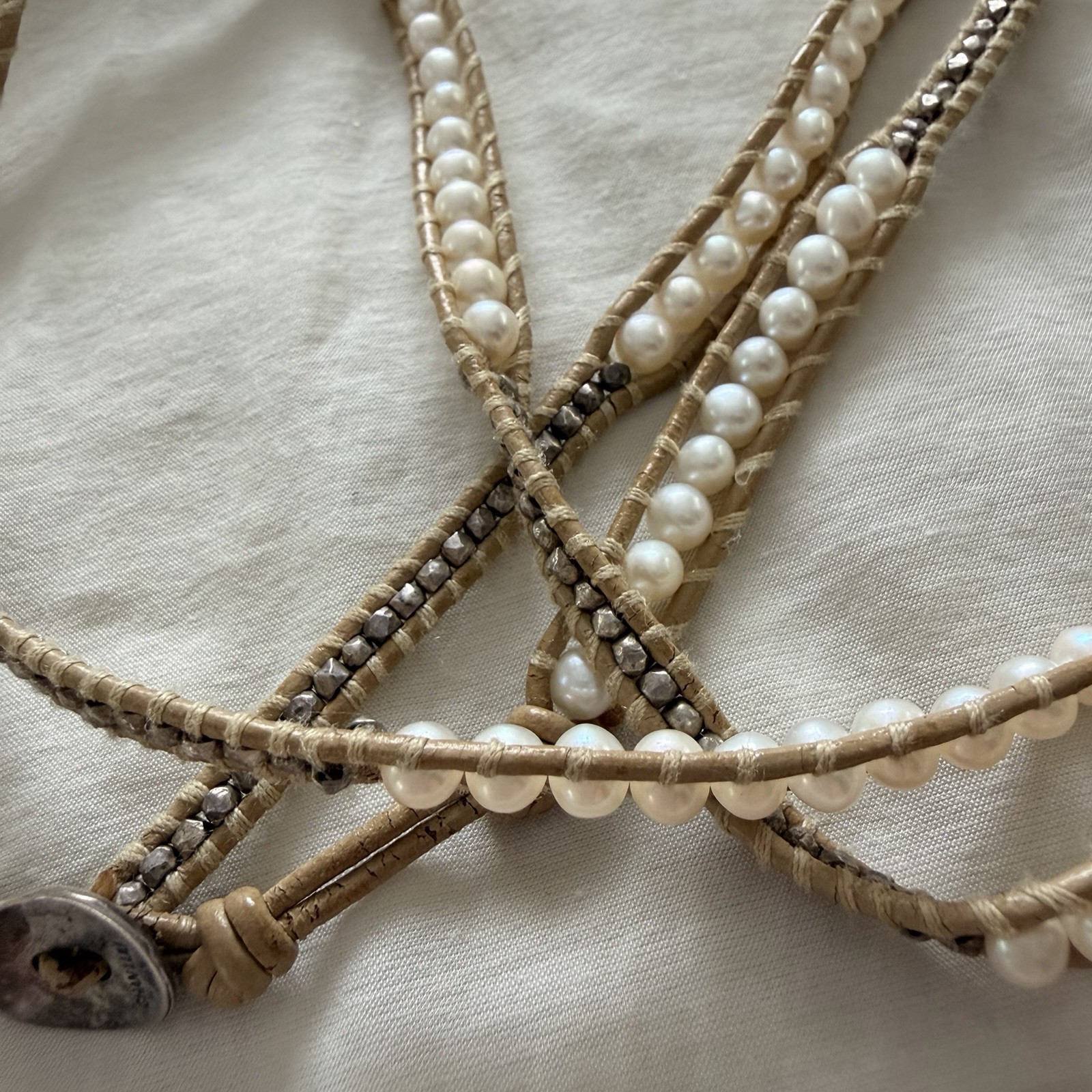 CHAN LUU 5 Wrap Bracelet Pearl & Silver Beads Leather Boho Style