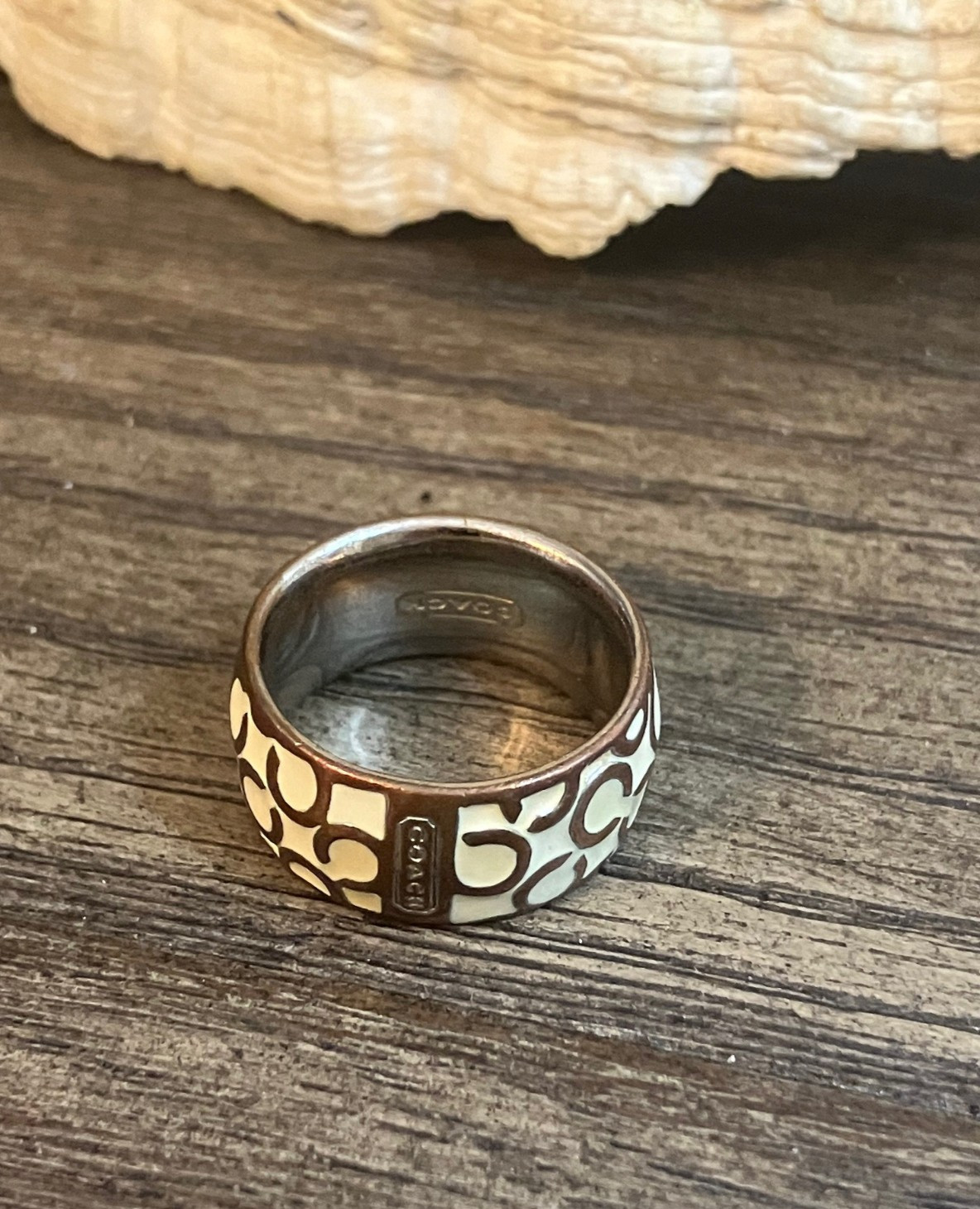 COACH Costume Jewelry Signature Logo White / Cream Enamel and Copper Ring 7.25