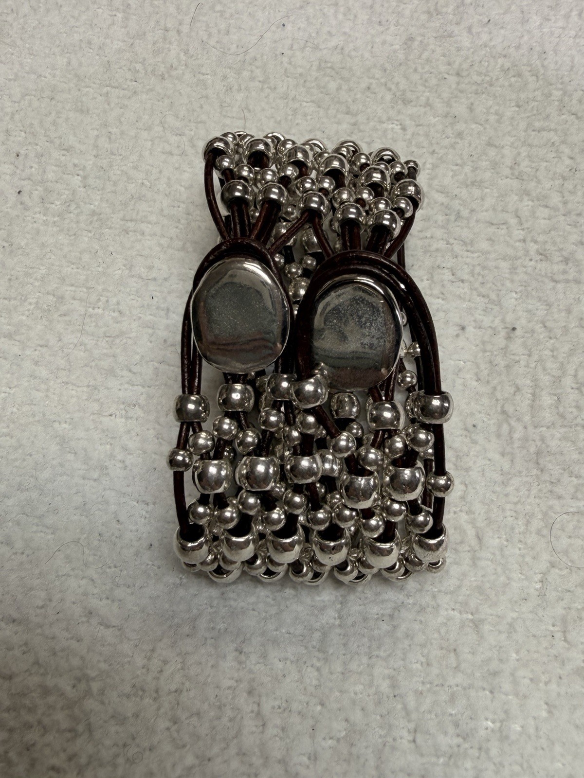 Boho Artisan Multi Strand Silver Plated Beaded Leather Cuff Bracelet Large 7.5″