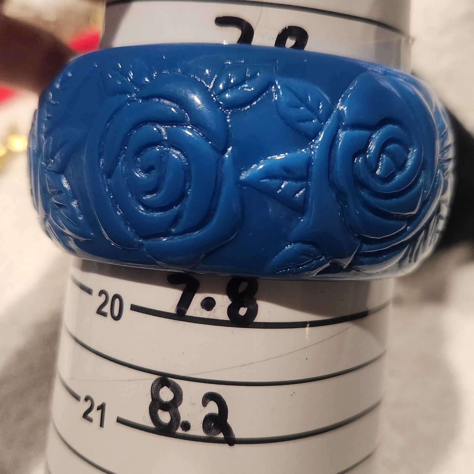 Vintage Blue Carved Rose acrylic Bangle Bracelet Chunky Floral Statement 7.4In