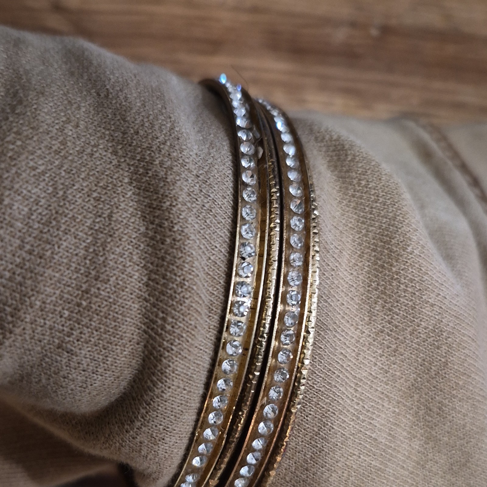 Gold Tone Stackable Multi-Row Clear Round Crystal Rhinestone Bangle Cuff