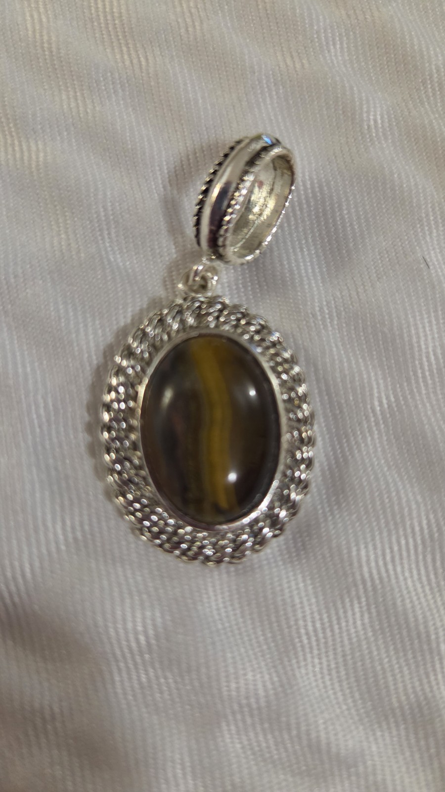 Vintage Avon Oval Brown Tiger’s Eye Charm Pendant, Silver Plated Bezel Setting