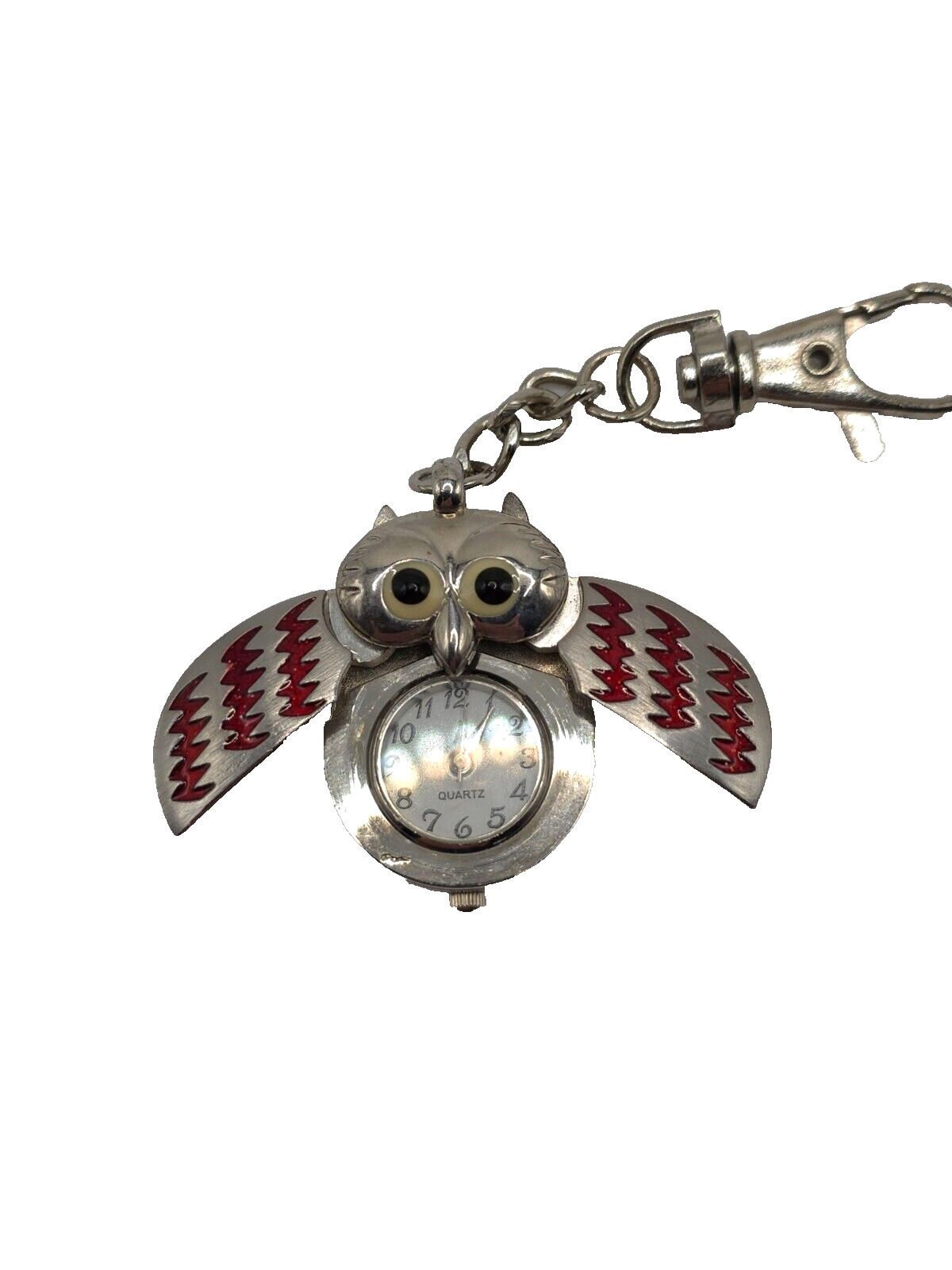 Owl Pin Watch Keychain Clip On Quartz Clock Red Wings Novelty Giftable & Cute