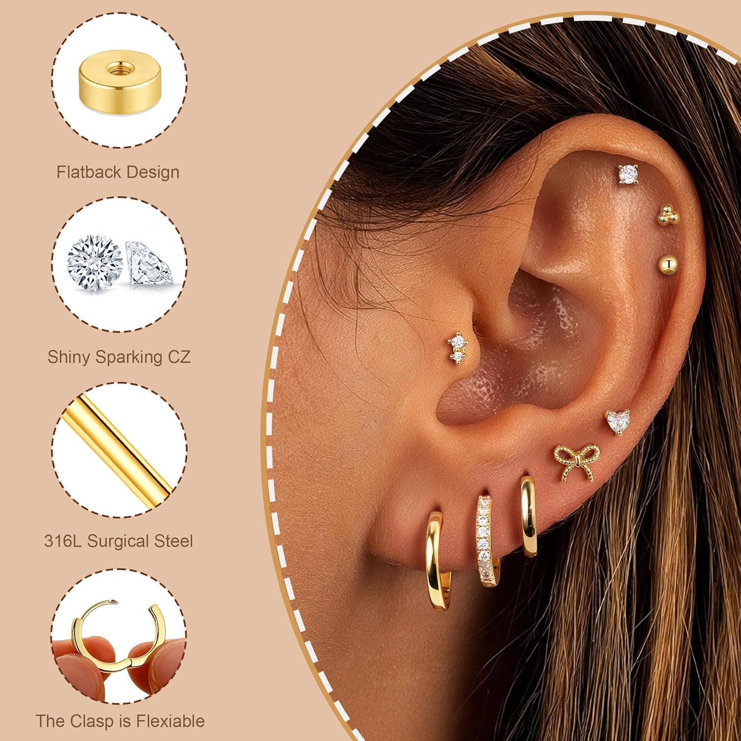 M MOOHAM Hypoallergenic Flat Back Earring Stack for Women Teen Girls, 14K Gold P