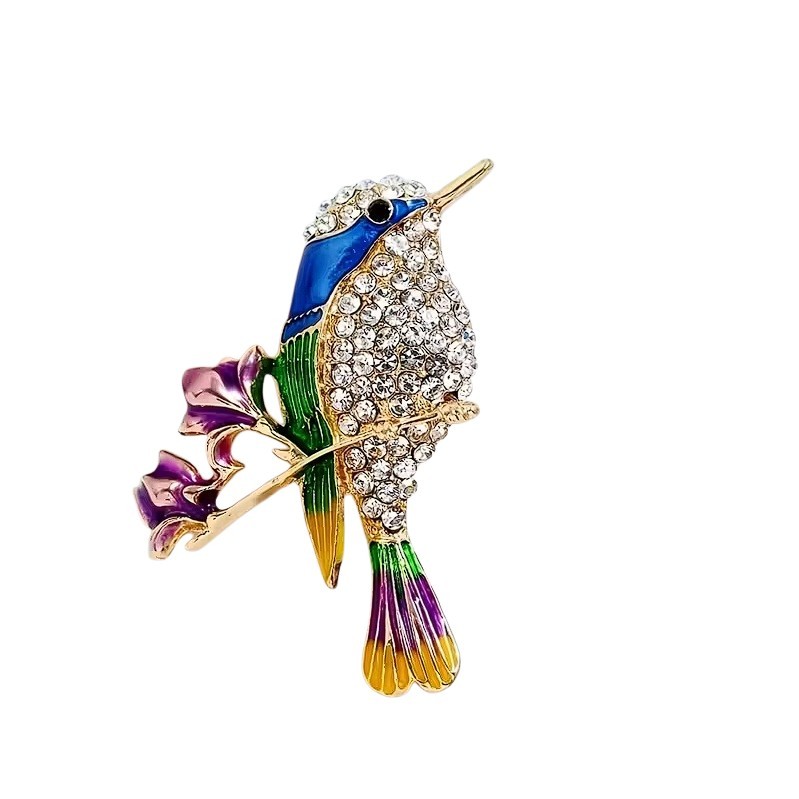 Rhinestone Enamel Magpie Bird Brooch with Flower Branch Lapel Pin