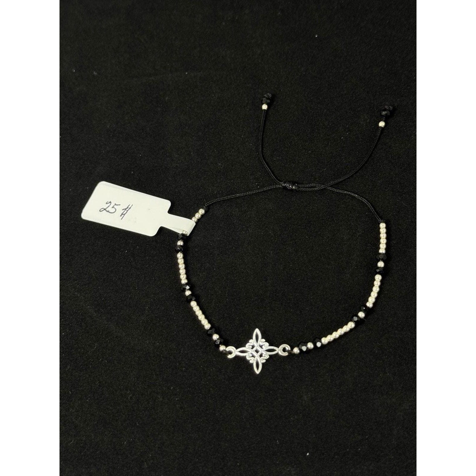 Celtic Knot Adjustable Cord Bracelet Silver Tone Beads Black Crystals Gothic