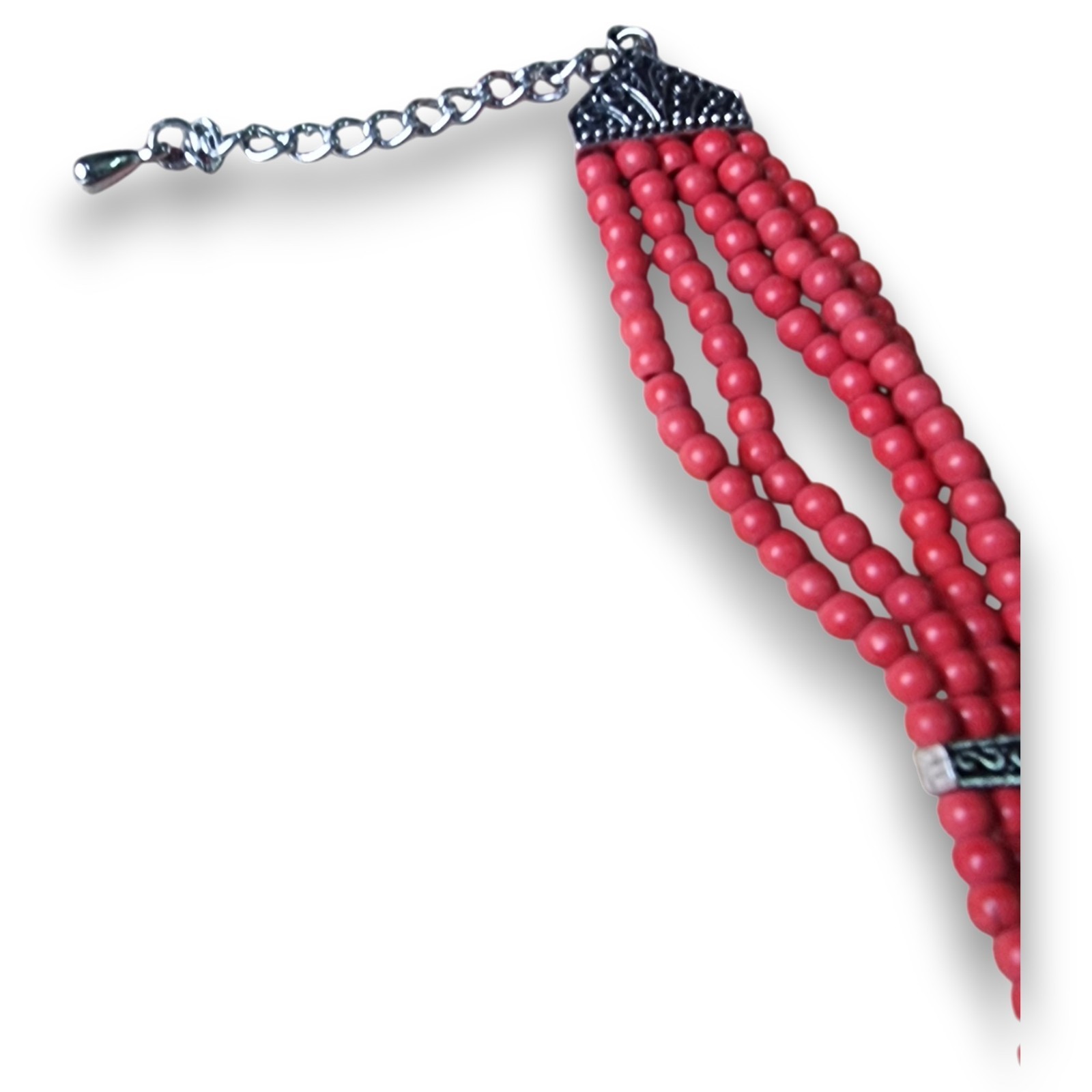 Boho Red Bead Multi-Strand Bib Necklace Silver Scrollwork Tribal Statement
