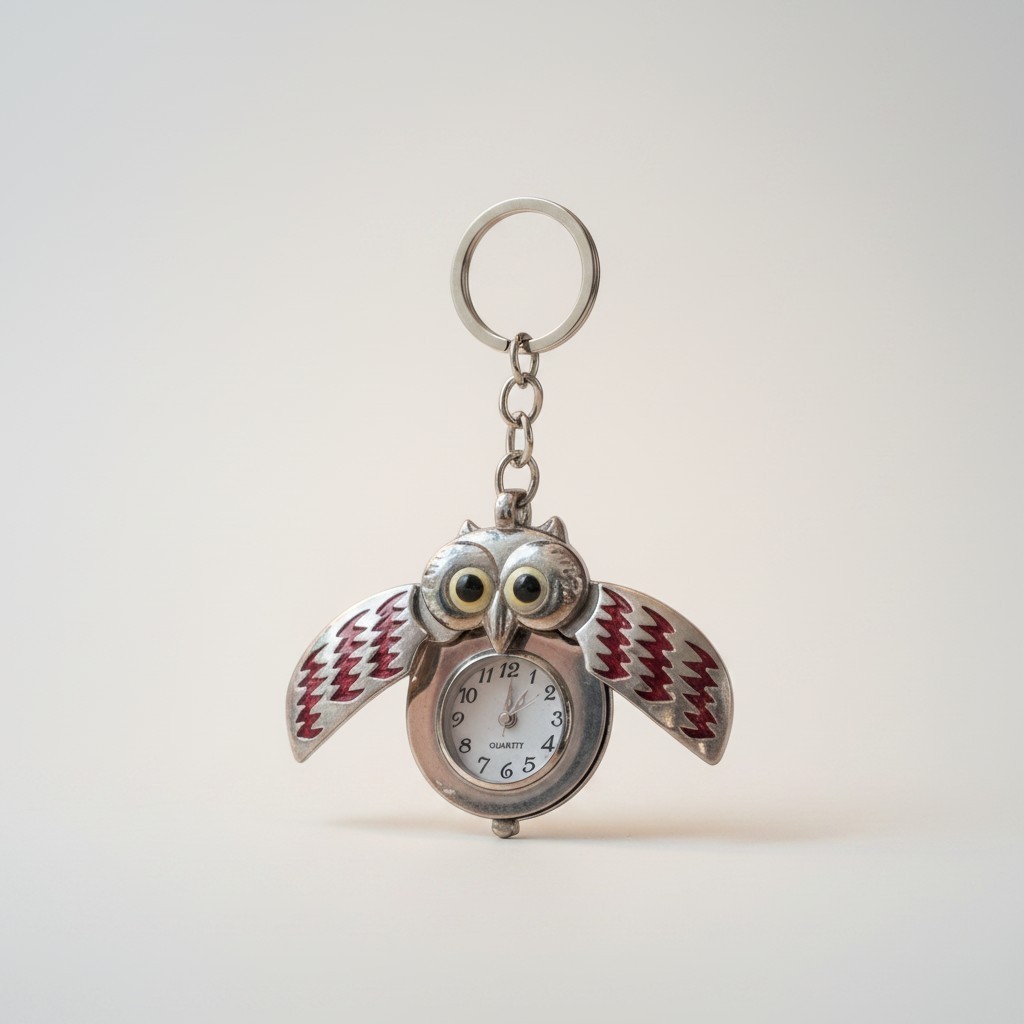 Owl Pin Watch Keychain Clip On Quartz Clock Red Wings Novelty Giftable & Cute