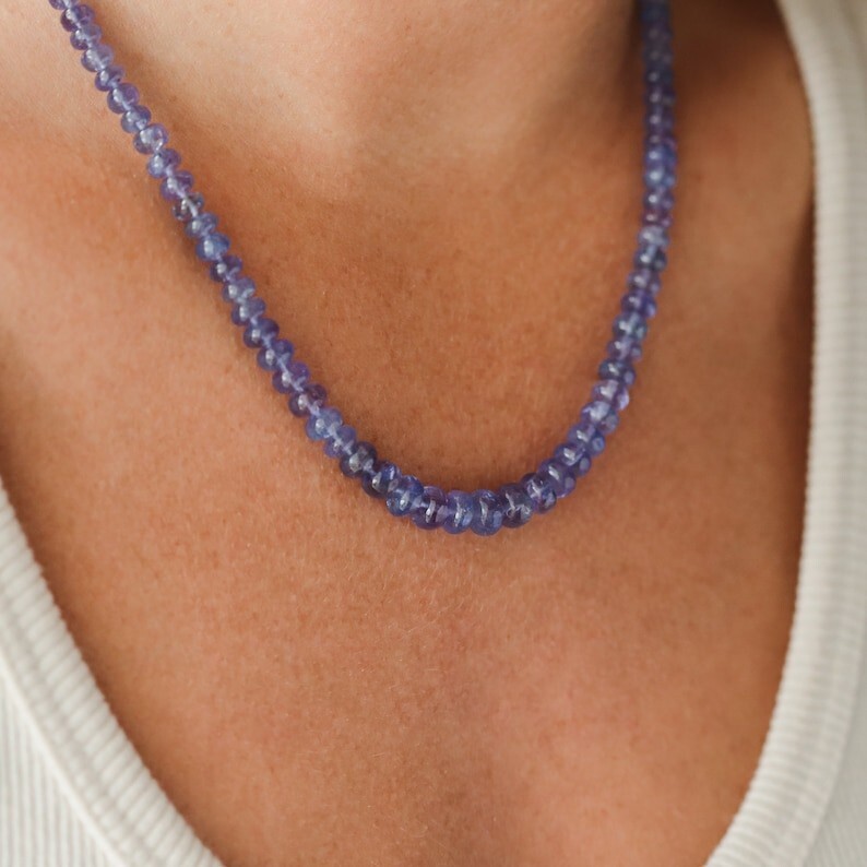A++ Genuine Blue Tanzanite Smooth Rondelle Gemstone Beaded 3-4MM Necklaces 24”