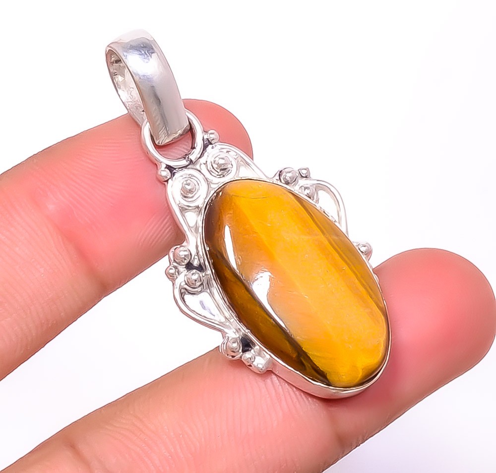 Natural Yellow Tiger Eye – South Africa 925 Silver Plated Pendant 1.79″ F2539