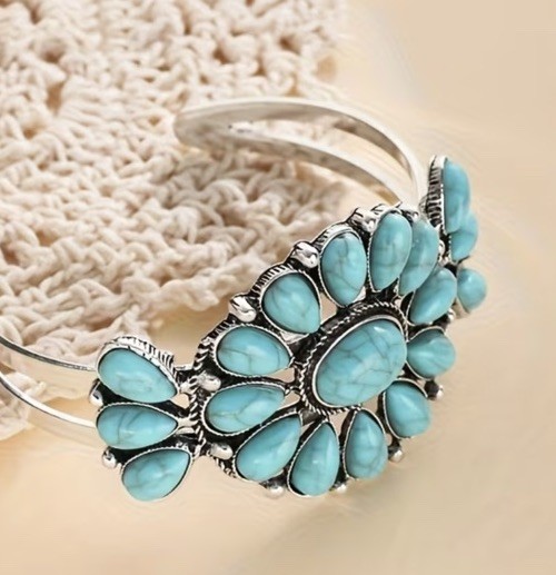 Turquoise Cuff Bracelet Western Boho Silvertone Jewelry Boho