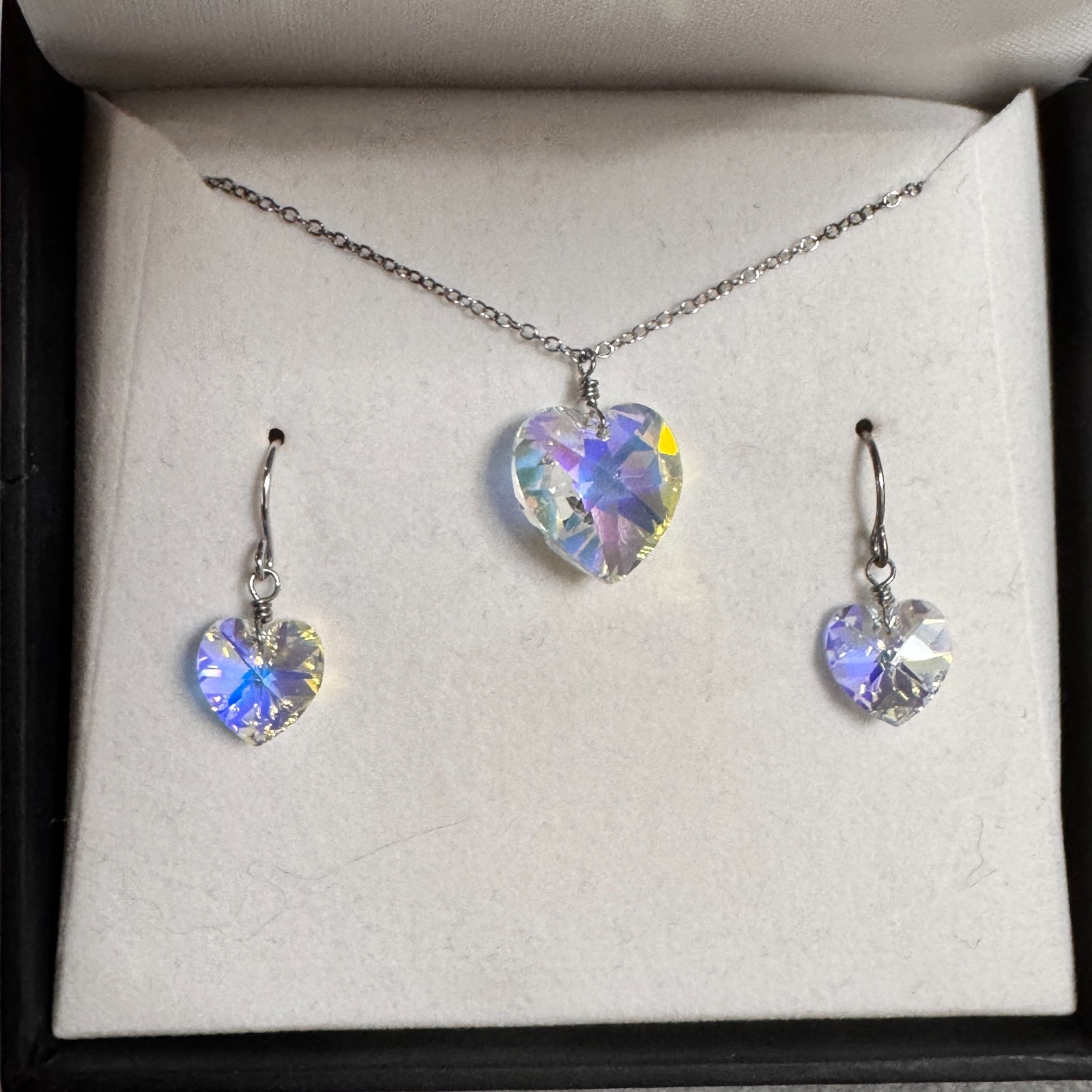 925 Crystal Heart Necklace Earrings Set AB Rivoli Made with Swarovski Elements