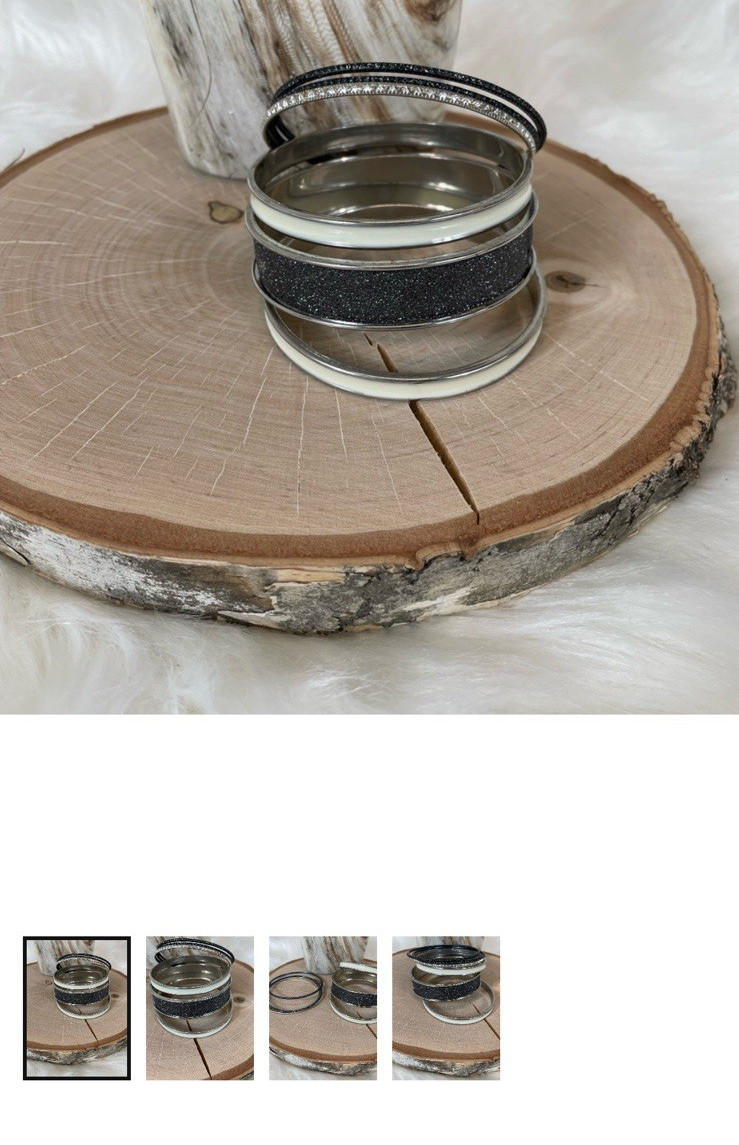 Stackable Silver Tone Bangle Bracelet Set Black Glitter White Enamel Slip-On