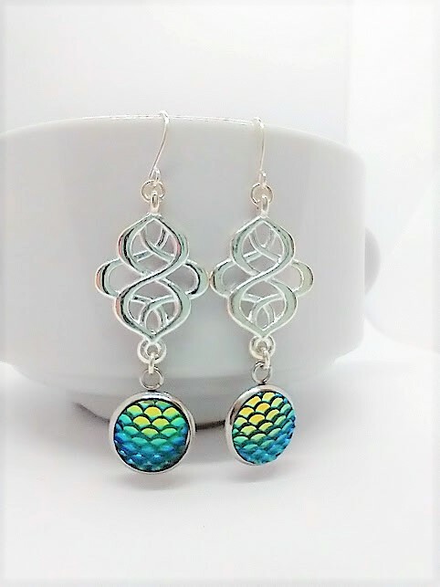 Blue/Green Mermaid Scale Silver Earrings, Beach Earrings