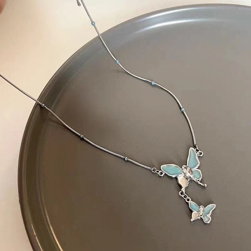 Blue Butterfly Necklace Bracelet Set for Women Zircon Pendant Necklace Jewelry