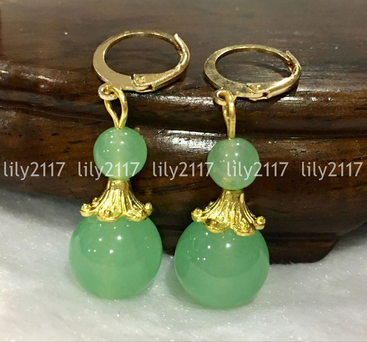 Natural 6-12mm Green Jade Round Gemstone Gold plated Dangle Leverback Earrings