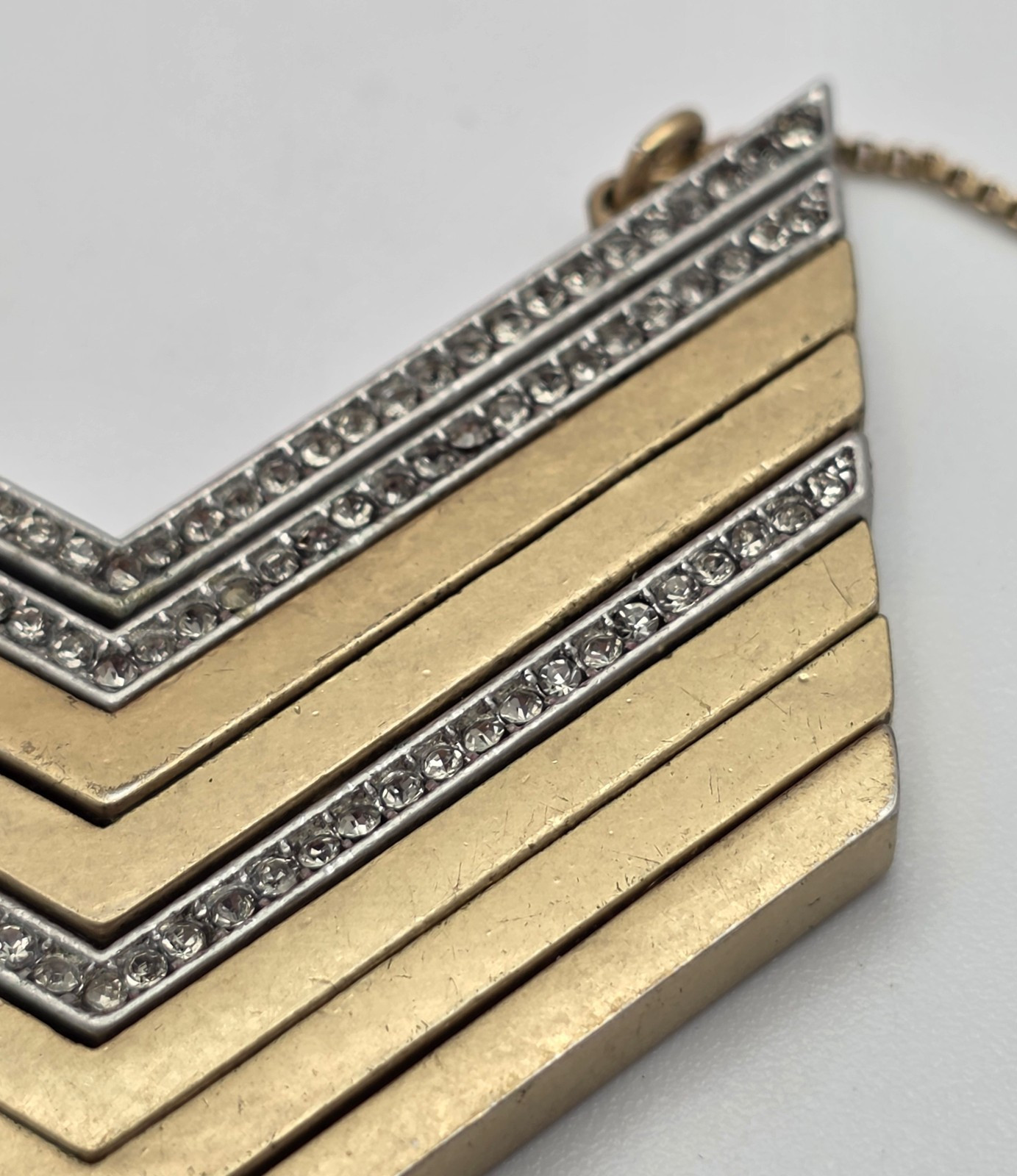Madewell Chevron Crystal Pendant Necklace Gold Tone Art Deco Geometric 30 In