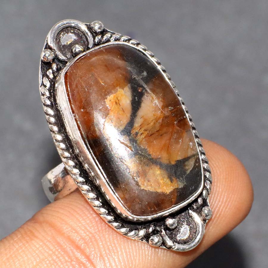 925 Silver Plated Chiastolite (Cross Stone) Ring Handmade Size US 6.5 GW