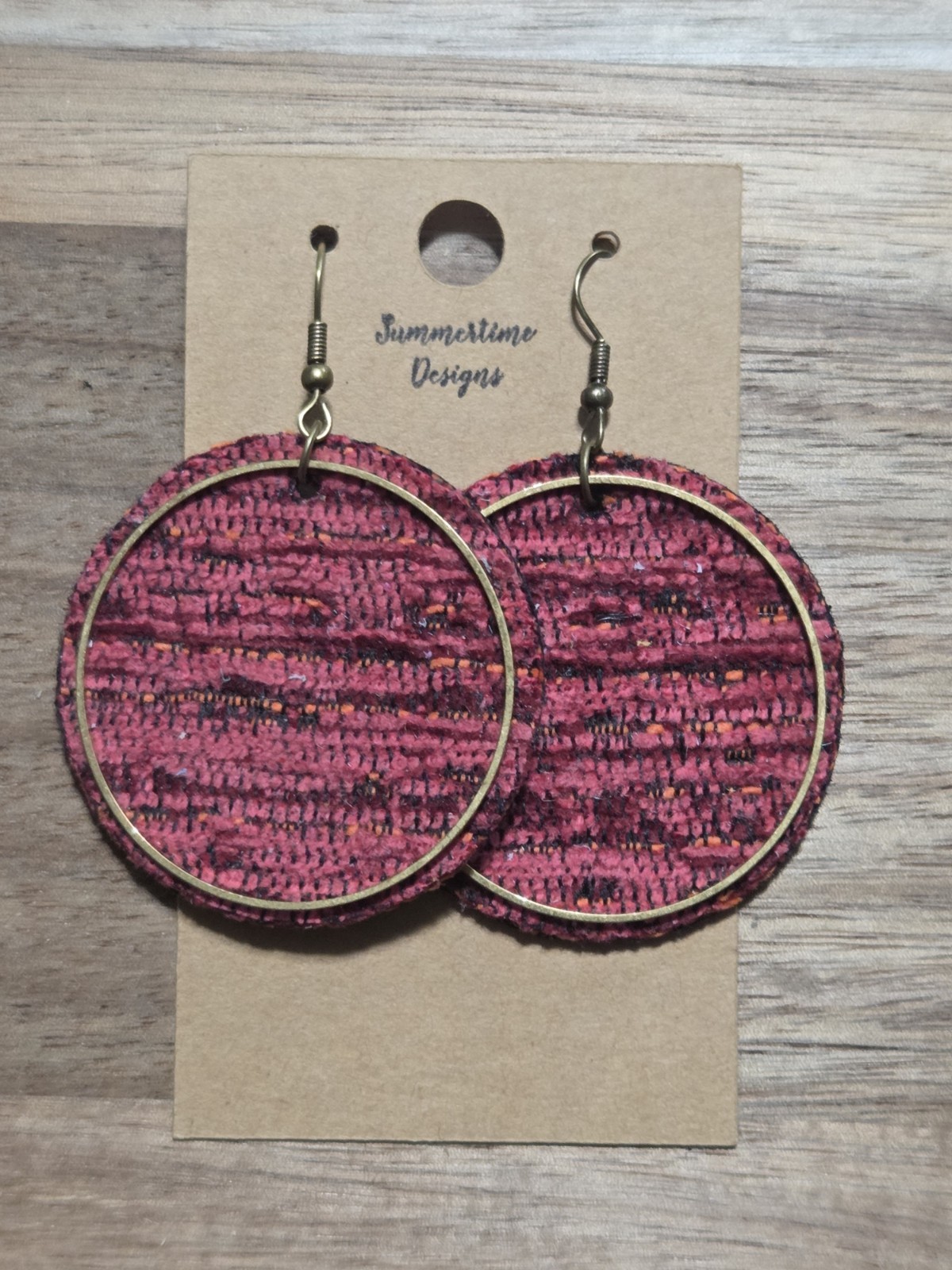 GENUINE Leather Backed Tweed Circle Cut Earrings w/ Gold Finding 2″