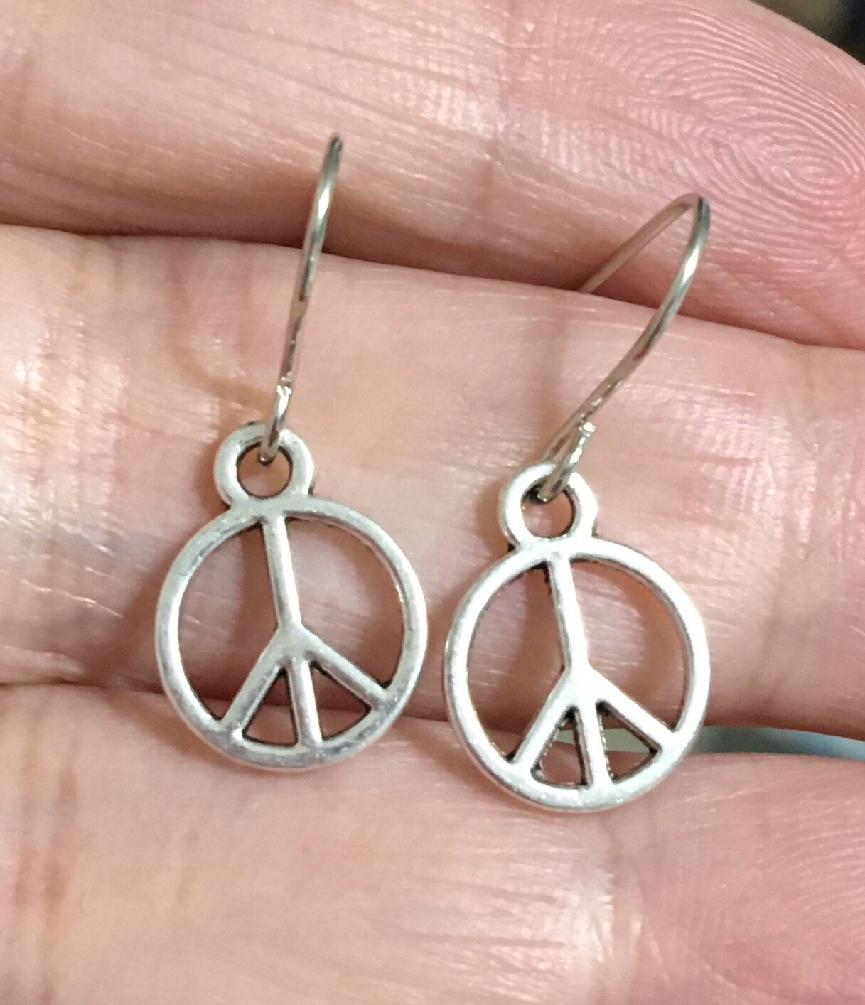 Small Peace Sign Charm Silver Earrings Stainless Steel Hooks! Hypoallergenic