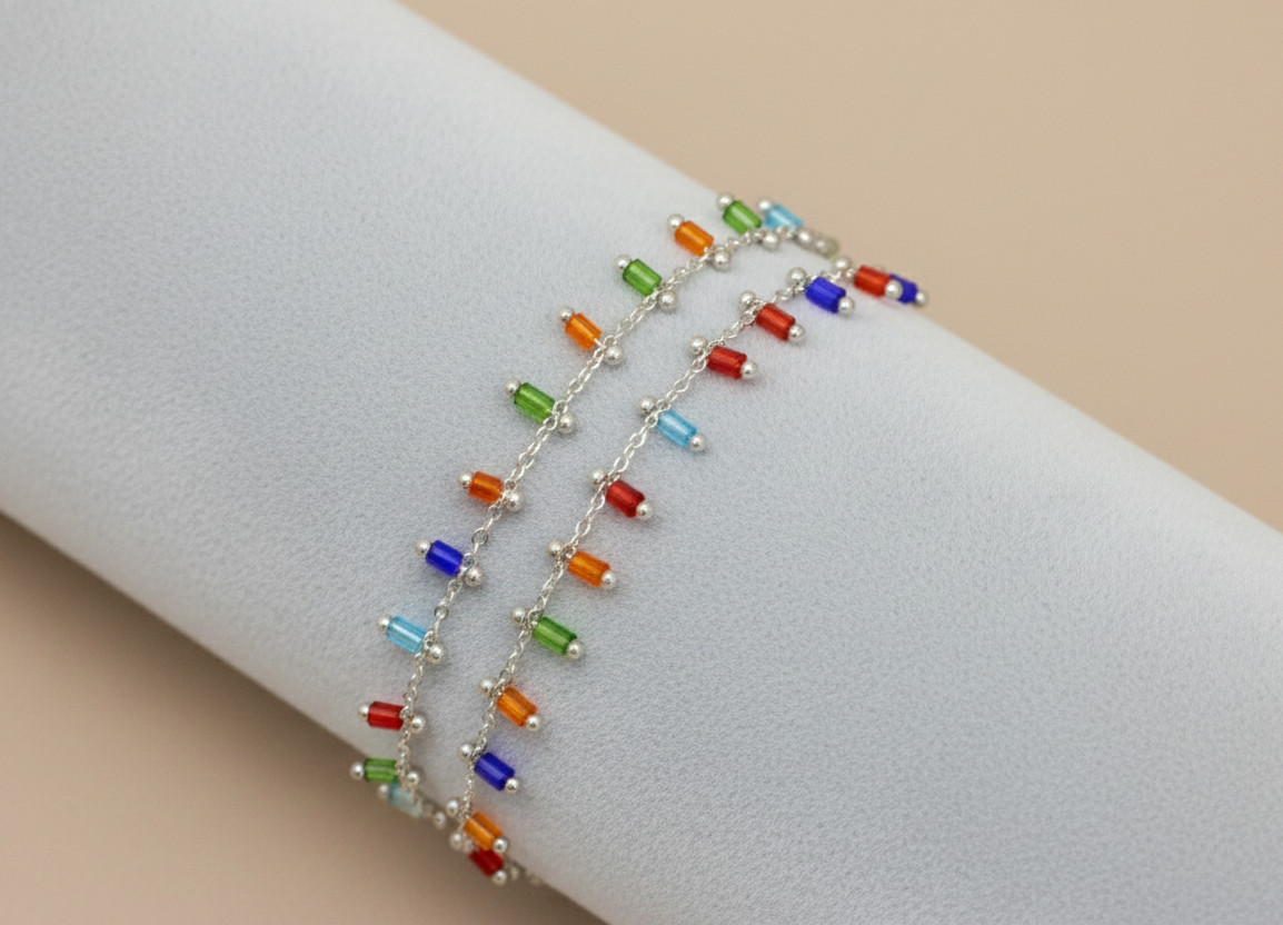 Elegant 925 Silver Plated Boho Bracelet | Multicolor Beaded Brass Chain