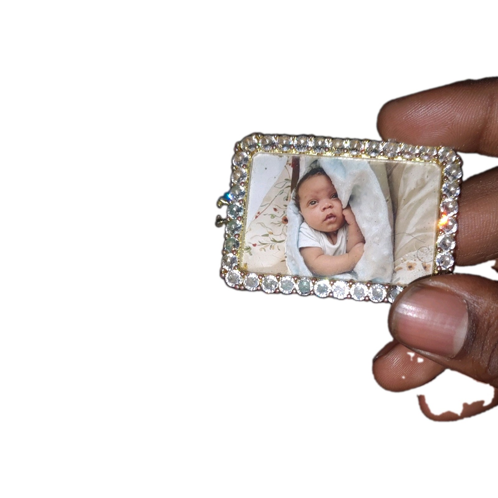 Rectangle Photo Holder Pendant, Silver Tone Metal w/ Clear Crystal Border