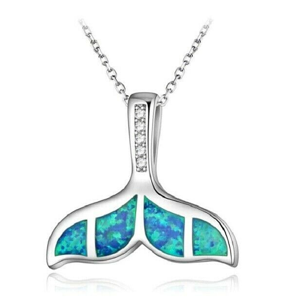 Blue Opalesque WHALE TAIL 3/4″ x 3/4″ Pendant Necklace with 17″ Chain Mermaid