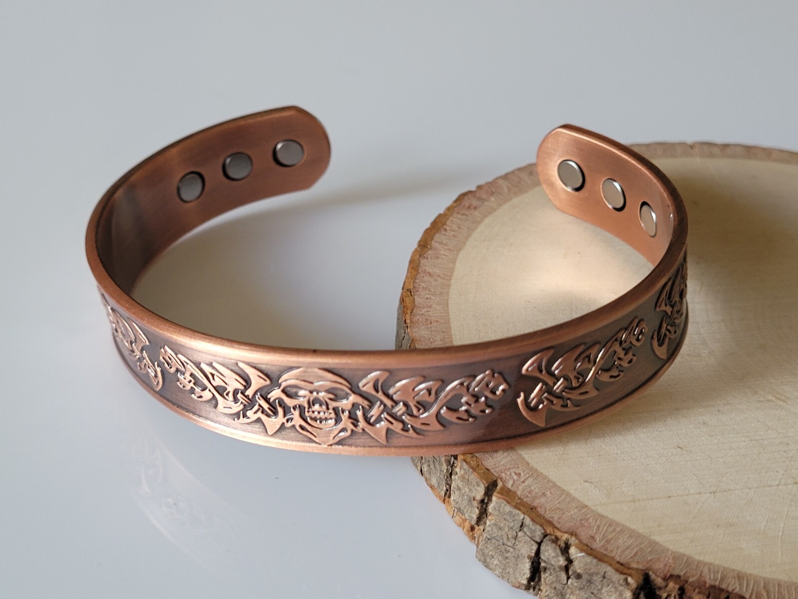 Solid Copper Magnetic Biker Bracelet Copper Arthritis Therapy 15mm Cuff Skull