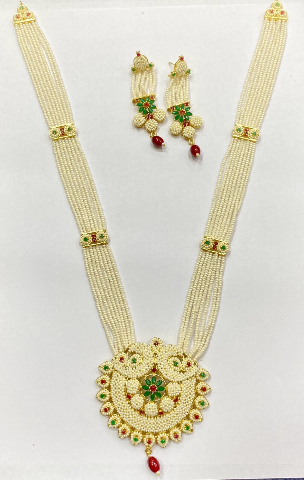 Indian Ruby Emerald Pearl Necklace Set Bridal Jewelry long Wedding Party Wear