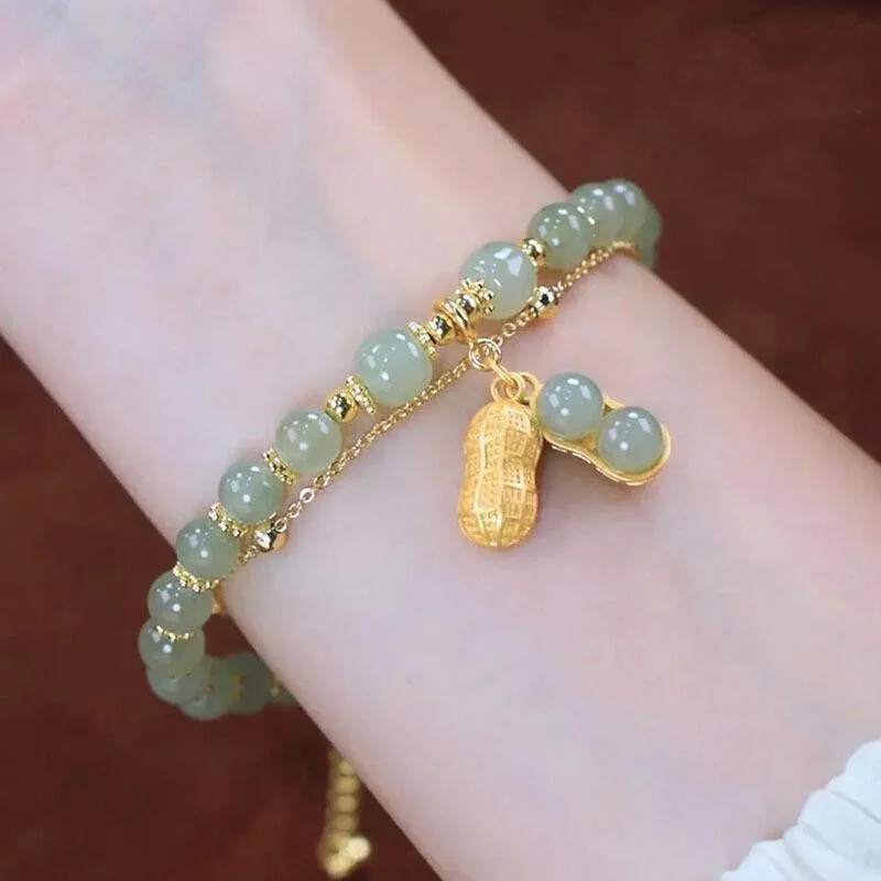 Chinese Green Hetian Jade Bracelet Retro Gold Leaf Beaded Bracelet Jewelry