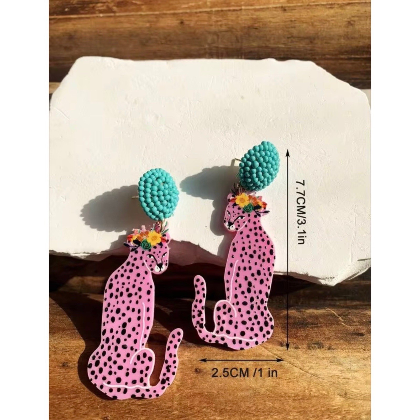 Chic Pink Leopard Earrings With Blue Beaded Stud Acrylic Dangle Big Cat E26