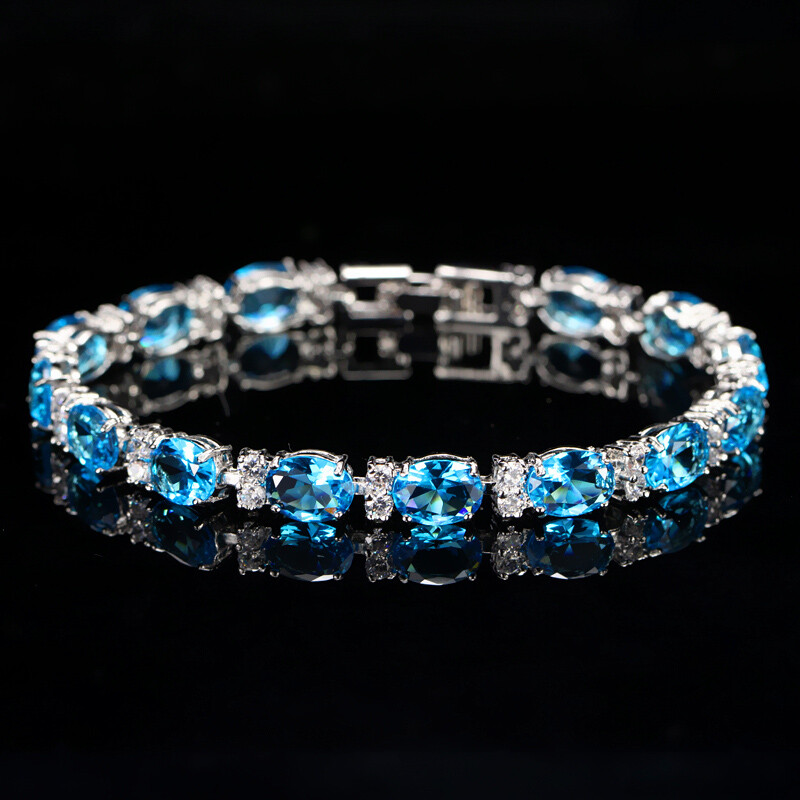 Silver Plated Fashion CZ Tennis Chain Bracelet Blue Crystal Bangles for Women