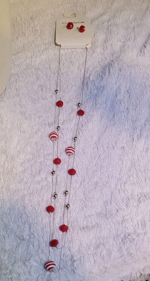 Croft & Barrow Red Silver Round Bead Necklace & Earrings Jewelry Set